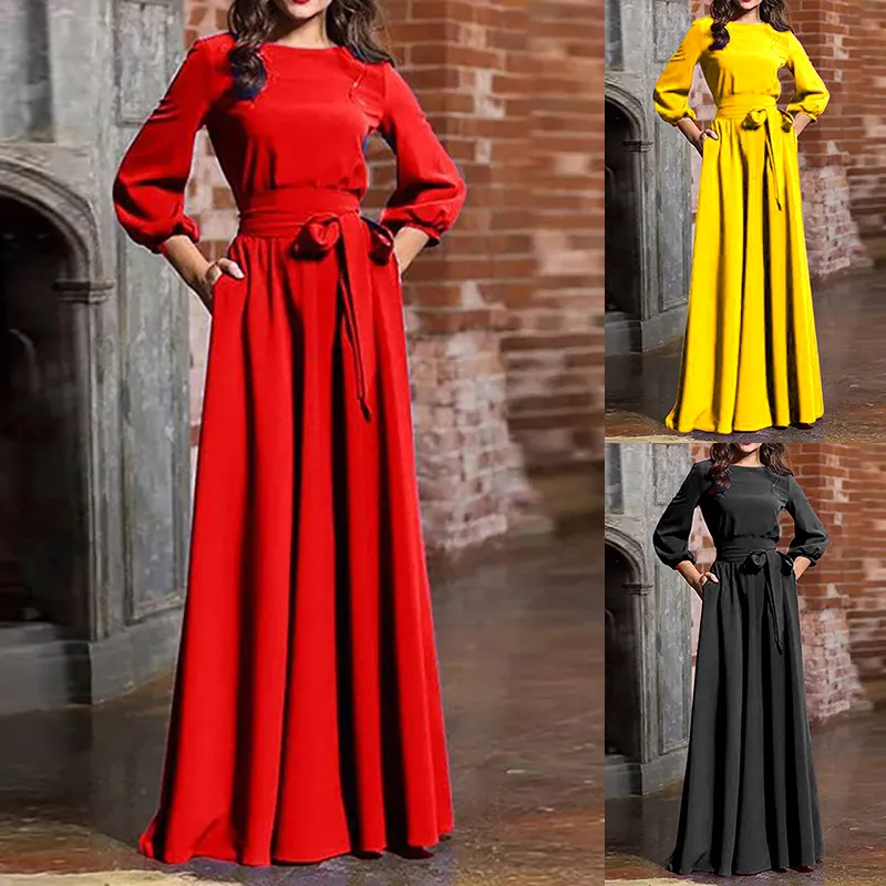 Custom New Fashion Women Dresses Summer Casual Custom Sexy Maxi Dress O-neck Lace Up Waist Solid Color Long Sleeve Long Dress