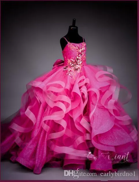 2022 New Fuchsia Spagheti Ball Gown Flower Girl Dresses Vintage Crystal Beaded Girls Formal Party Birthday Pageant Gowns Wedding D280z