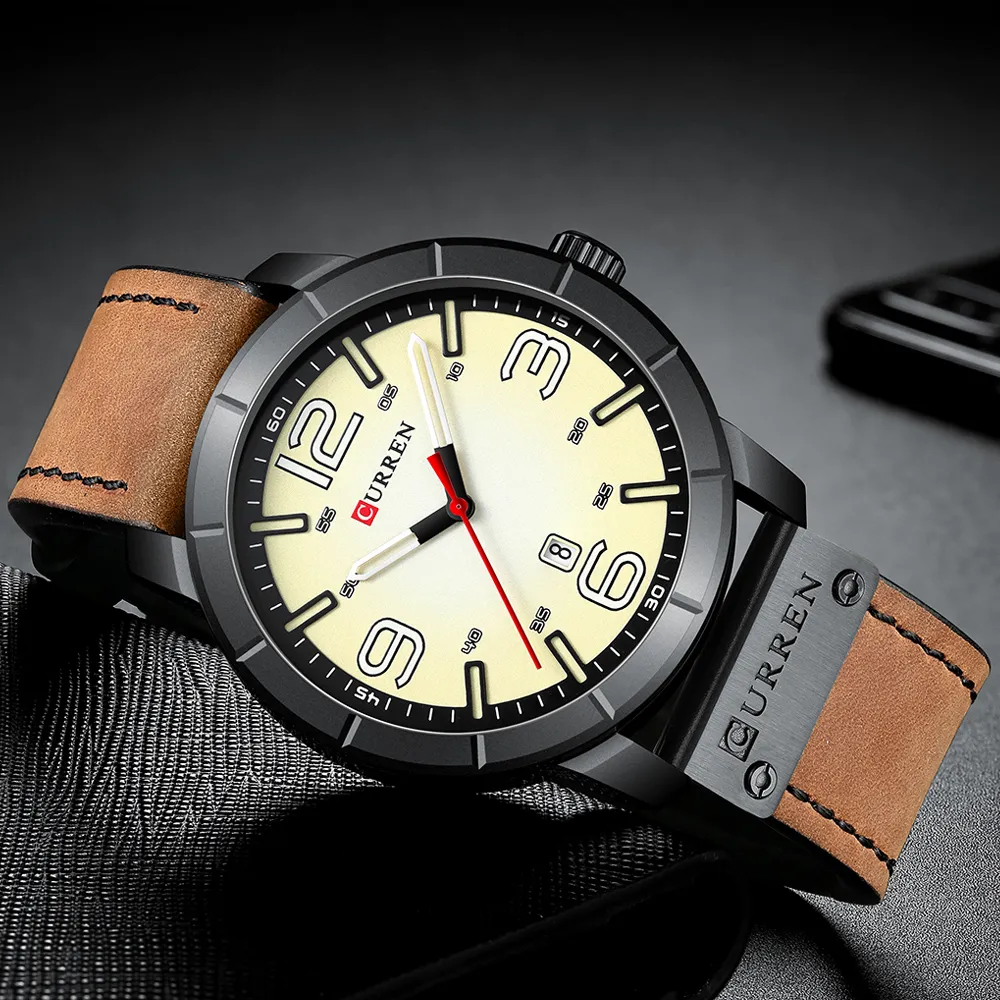 패션 브랜드 Curren Classic Men 's Watch 방수 날짜 가죽 스트랩 아날로그 군용 쿼츠 손목 시계 Erkek Kol Saat2237