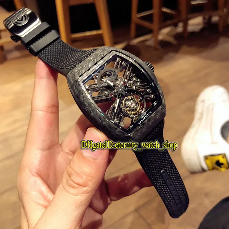 Toppkvalitet Nytt Saratege Vanguard Skeleton V 45 T SQT Carbone Real Tourbillon Automatiska män Titta på kolfiberfodral Skeleton SPOR2925