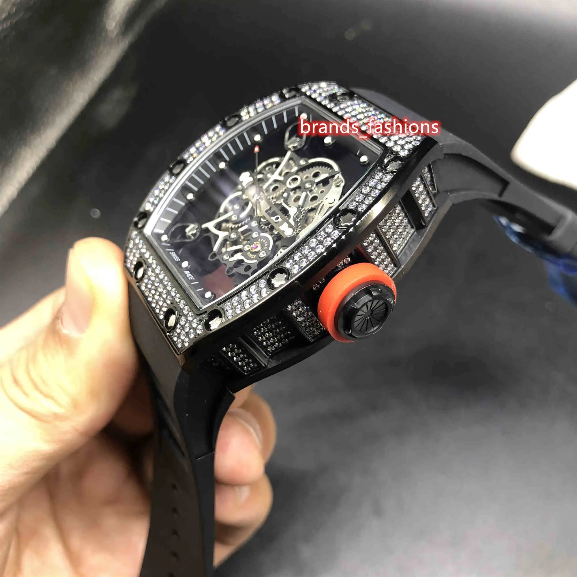Herr Ice Diamond Watches OpenWork Face Watch Diamond Case titta på svart gummiband helt automatisk mekanisk armbandsur318g