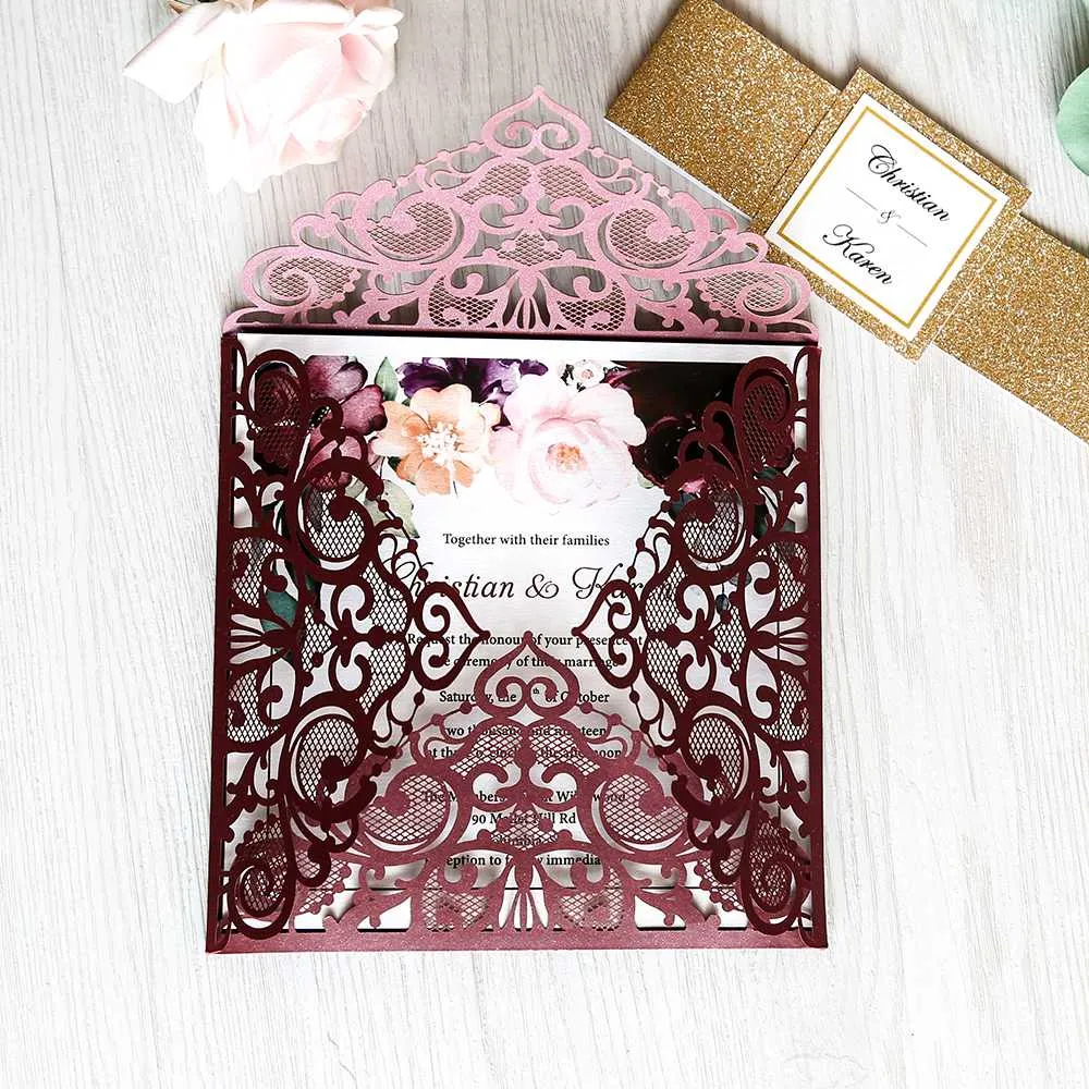 Burgundy Silver White Gold Glitter Laser Cut Wedding Invitation with Envelope Party University Invitation Card3314