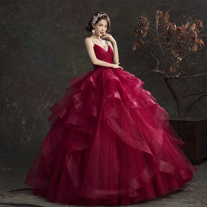 Balo elbisesi tül vintage bordo gelinlikler vnn boyunlu boynu plazlar fırfırlar bağcıklı zemin uzunluğu kırmızı gelinlikler281w