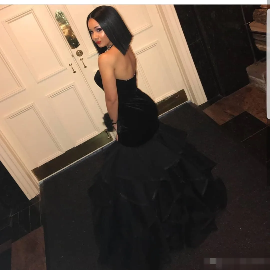 2019 jupe à volants en velours noir robes de bal en organza sirène décolleté en coeur longue sur mesure occasion formelle porter soirée Part2889