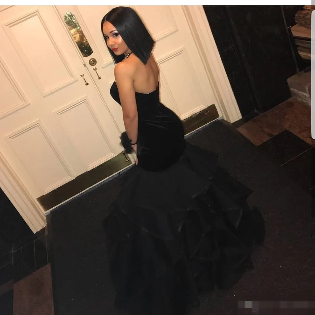 2019 Siyah Velvet Katmanlı Etek Organza Balo Elbiseleri Denizkızı Sevgiliye Boyun Uzun Özel Yapımlı Resmi Durum Giyim Akşam Part2889