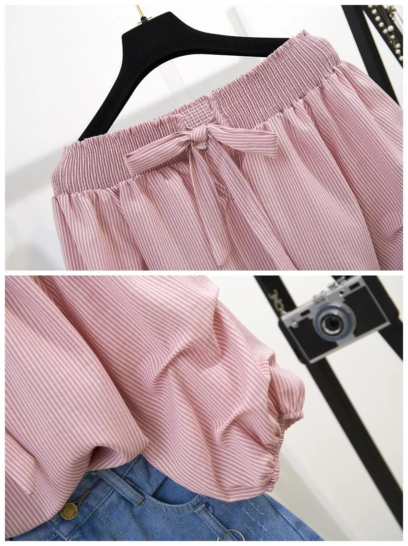 Summer New Off Shoulder Loose Half Lantern Sleeve Solid Cute Blouse Jean Shorts Two-Piece Outfit Casual Sets T200622