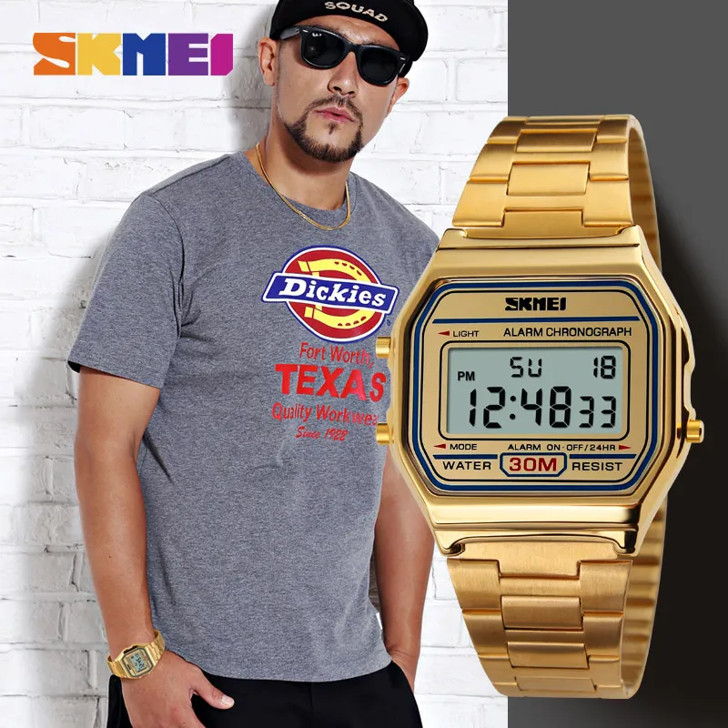 SKMEI Fashion Casual Sport Watch Men Stainless Steel Strap LED Display Watches 3Bar Waterproof Digital Watch reloj hombre 1123255Y