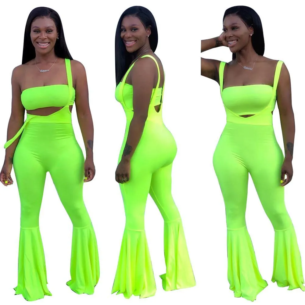 HAOYUAN Neon Green Rose Two Piece Set Summer Clothes for Women Crop Top and Flare Pant Matching Sets Sexy Club Outfits