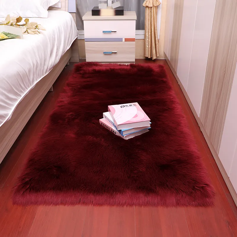 Tapis rectangulaires doux et moelleux en fausse peau de mouton, tapis nordique rouge pour salon, chambre à coucher, sol blanc, chevet, 275T