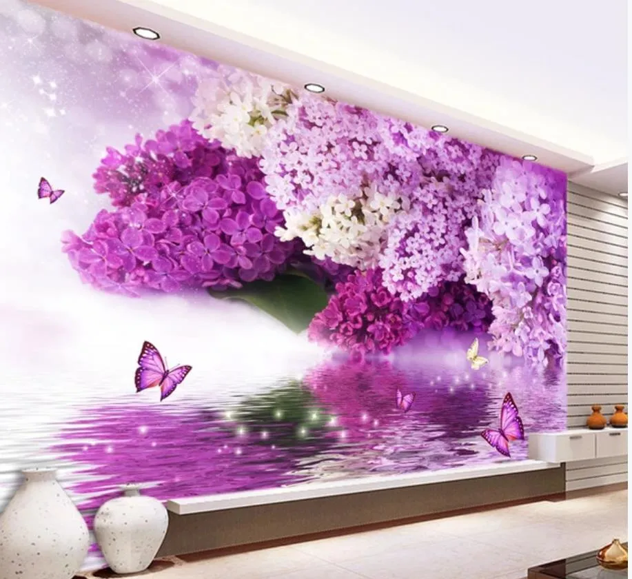 Purple flower hydrology reflection butterfly background wall modern living room wallpapers2066