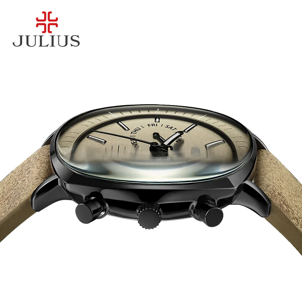 JULIUS Echte chronograaf heren zakelijk horloge 3 wijzerplaten lederen band vierkant gezicht quartz horloge horloge cadeau JAH-098227c