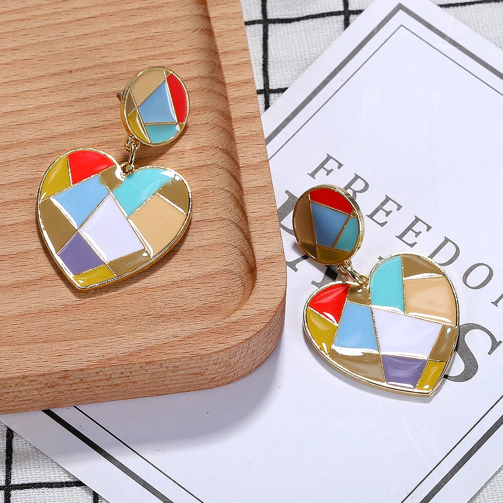 new fashion designer exaggerated vintage geometry diamond colorful rhinestone crystal flower heart pendant stud earrings for women290V