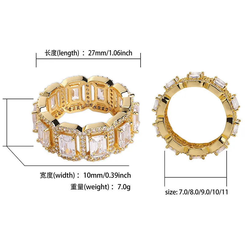 Anello da uomo Hip Hop con zirconi rettangolari ghiacciati, anello in oro argento con grandi zirconi cubici, gioielli con ciondolo249c