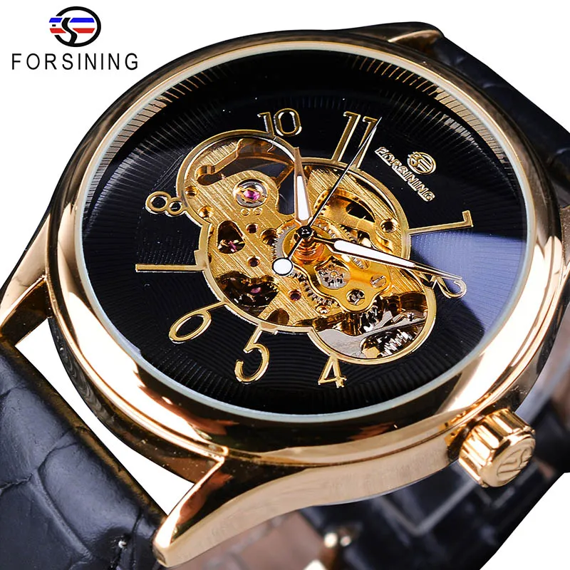 Forsining Classic Creative Skeleton Design Golden Case Transparent Open Work Men Watch Top Marka Luksusowe mechaniczne na rękę