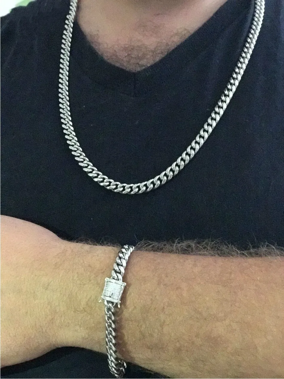 12mm 14mm Mens Cuban Miami Link Armband Chain Set Rhinestone Clasp Rostfritt stål Guld Hip Hop -halsbandskedja smycken Set305k