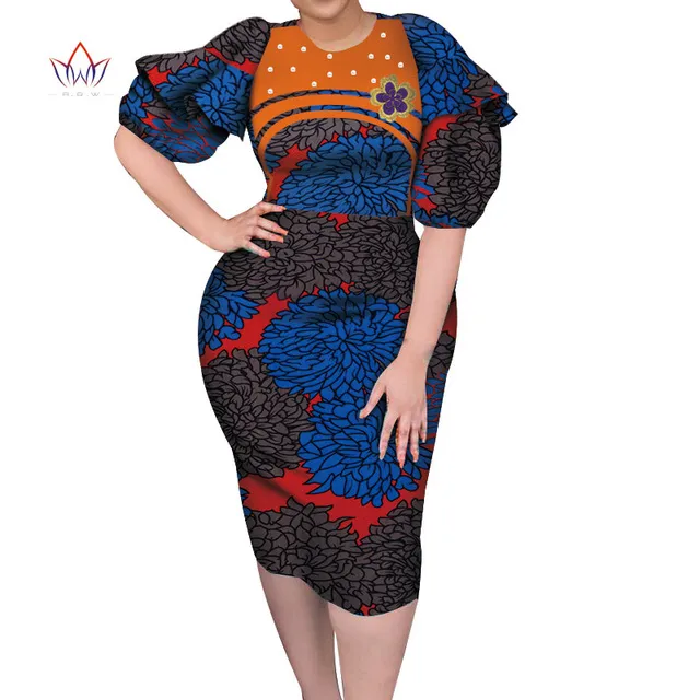 Африканская женская одежда Дашики Базин Рич Женщины платье традиционные печатные платья для леди Элегантное платье Длина колена WY7244