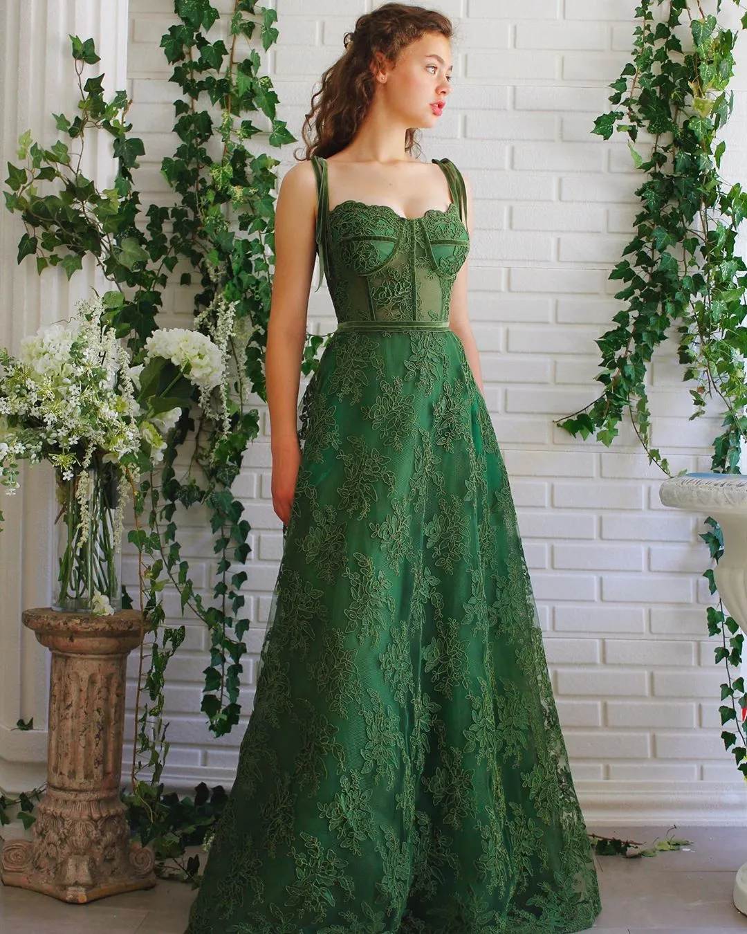 Charmante robe de bal en dentelle vert foncé, avec poches, bretelles Spaghetti, cou, ligne A, longueur au sol, robe de soirée, 245P