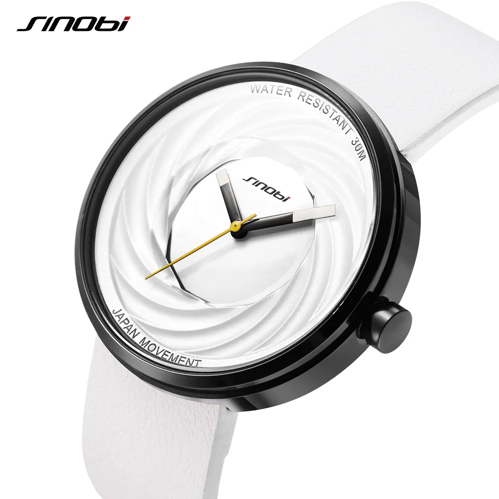Sinobi Fashion Watch Women Big Dial New Creative Eddy Design Wysokiej jakości skórzany pasek White Watches Casual Relojes Para Mujer270g
