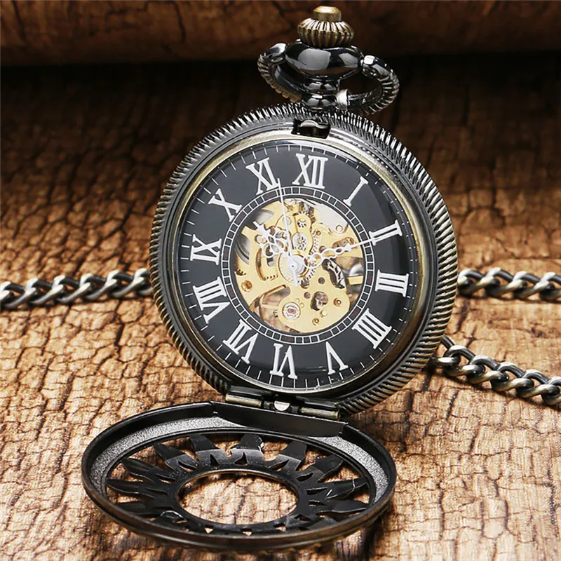 Steampunk Antique Noir Or Bronze Montre De Poche Squelette À Remontage Manuel Montres Mécaniques Hommes Femmes Horloge FOB Pendentif Chaîne Cadeau236U