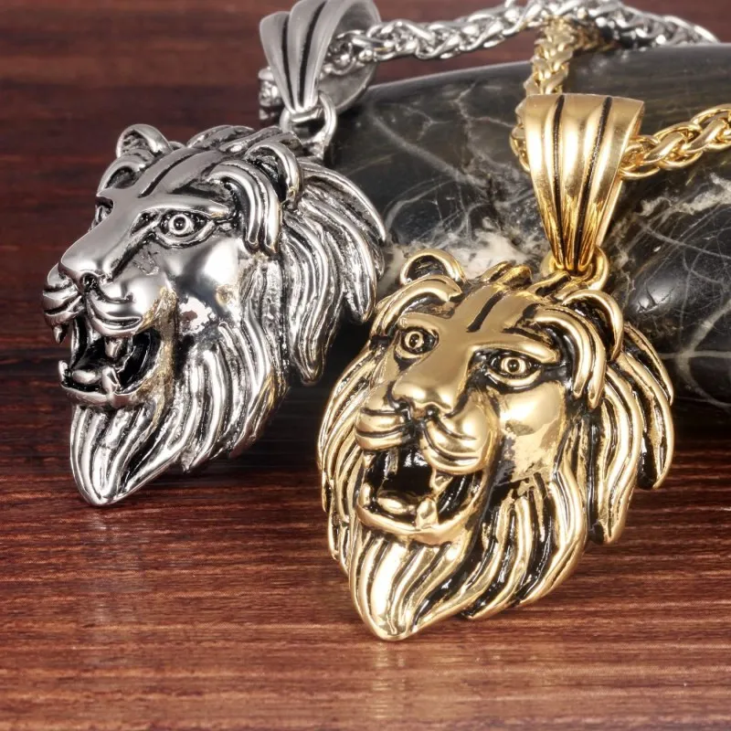 Ожерелья с подвесками в стиле стимпанк Лев из нержавеющей стали Личность Хип-поп Дизайнерские ювелирные изделия Мужчины Сила мужества Прохладное винтажное ожерелье Acce305B