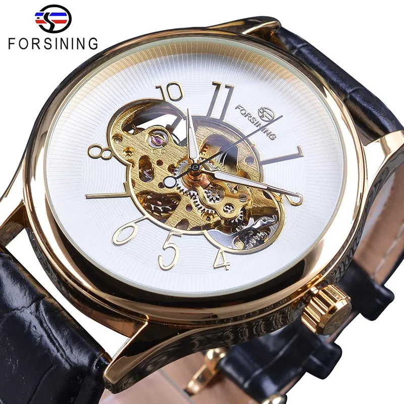 Forsining clássico criativo esqueleto design caso dourado transparente trabalho aberto relógio masculino marca superior de luxo relógio de pulso mecânico311s