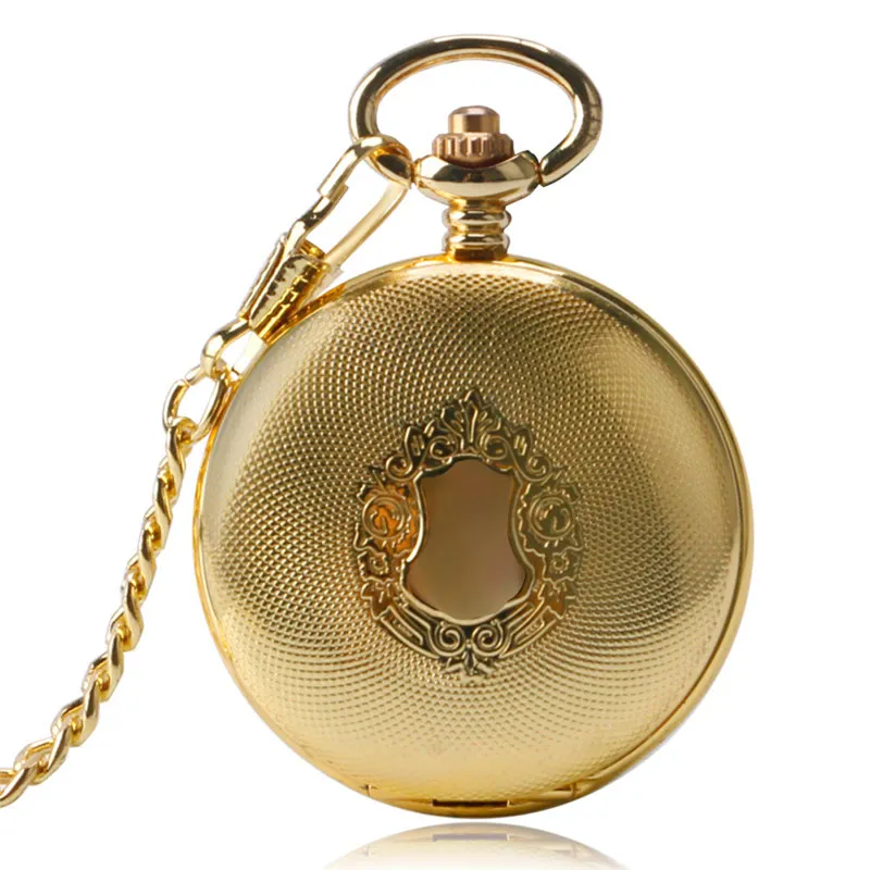 Antik retro lyxig gul guldsköld tittar på män kvinnor pocket watch mekanisk hand lindande fob pendel kedja klocktid G200k