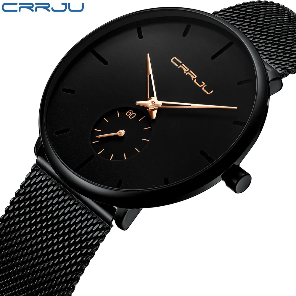 CRRJU Top Brand Luxurz Quartz Assista Men Black Japão Black Japão Watch Aço inoxidável Face Ultra Fin Clock Relogio Novo NIC3552