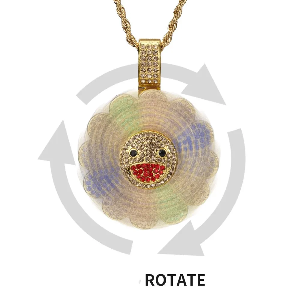 Hommes Hip hop glacé bling soleil fleur forme pendentif colliers avec corde chaîne rotatif collier Hiphop bijoux cadeaux 2978