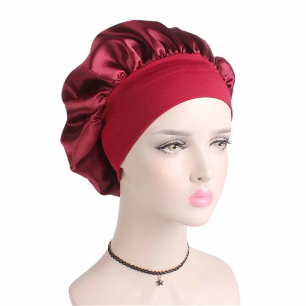 Delle Donne di Fascia Larga In Raso di Seta Berretto Cofano Confortevole Notte di Sonno Della Protezione Del Cappello Delle Signore di Seta Morbida Lunga Cura Dei Capelli Cofano headwrap345n