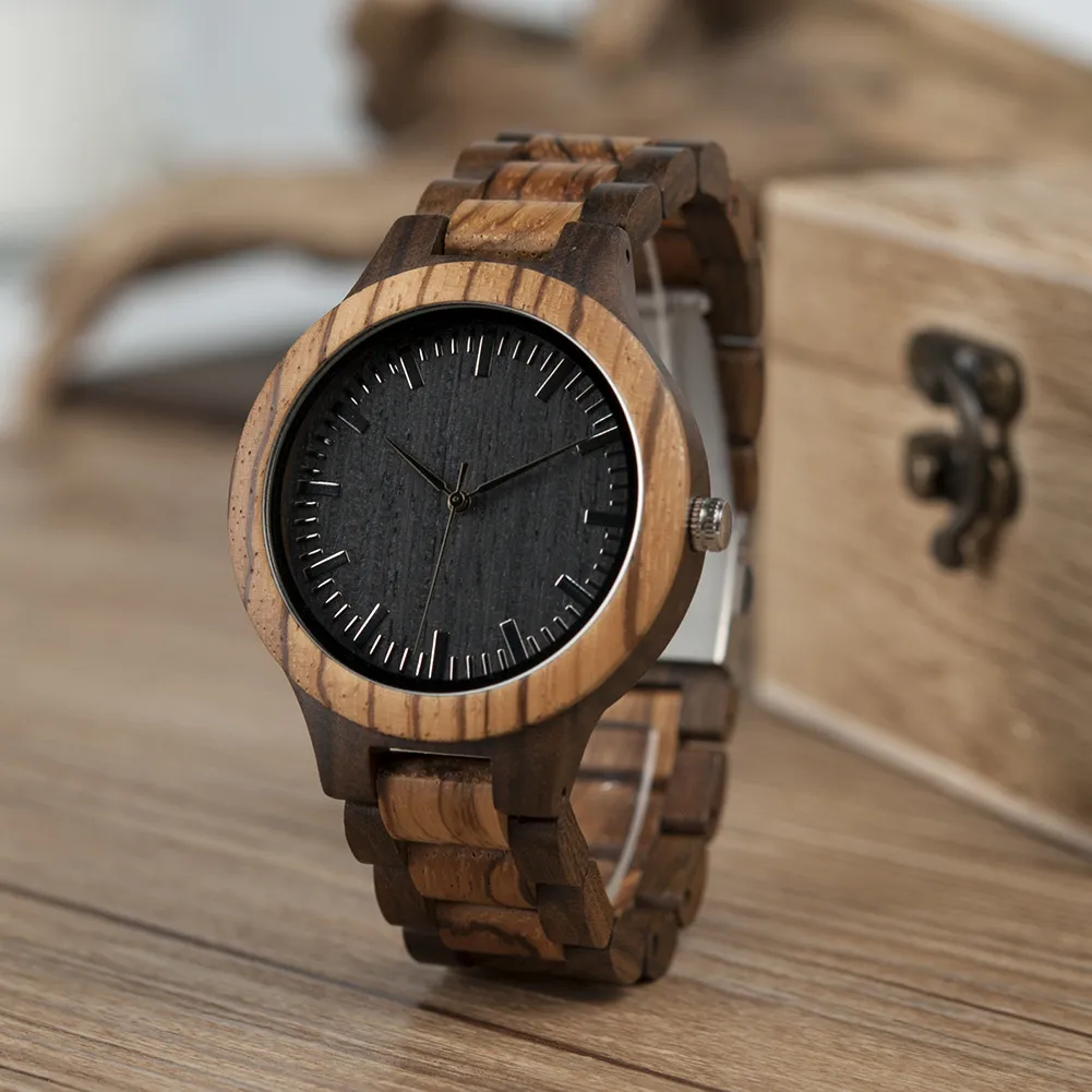 Whole- BOBO BIRD D30 Round Vintage Zebra Wood Case Men Watch With Ebony Bamboo Wood Face With Zebra Bamboo Wood Strap Japanese301i