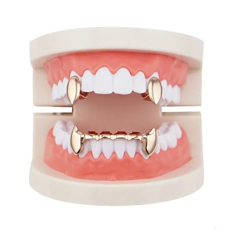 Copper dentaire brillant entier Grillz Punk Vampire dents canines bijoux Set Hip Hop Femmes Hommes Gold plaquettes accessoires 227