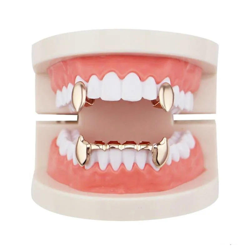 Whole Glossy Copper Dental Grillz Punk Vampire Canine Teeth Jewelry Set Hip Hop Women & Men Gold Plated Grills Accessories230d