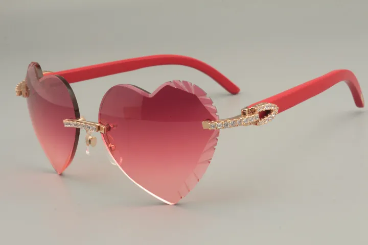 -selling high-quality heart-shaped engraving lens sunglasses diamond natural red black wooden sunglasses 8300686-A size 58271x