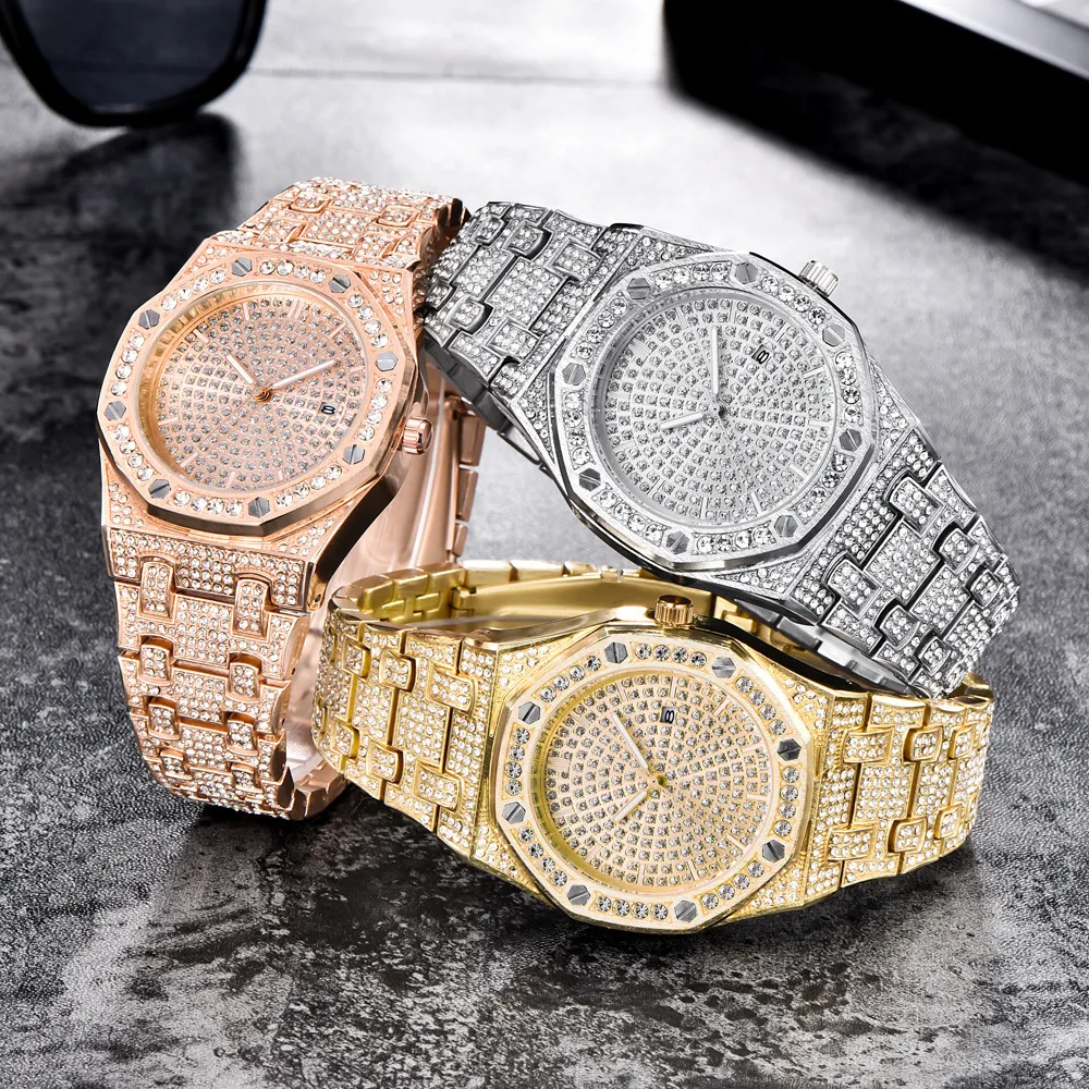 Relógio masculino tom de ouro amarelo vestido relógios bling diamante quartzo relógio de negócios masculino à prova d' água aço inoxidável moda masculina xf297g