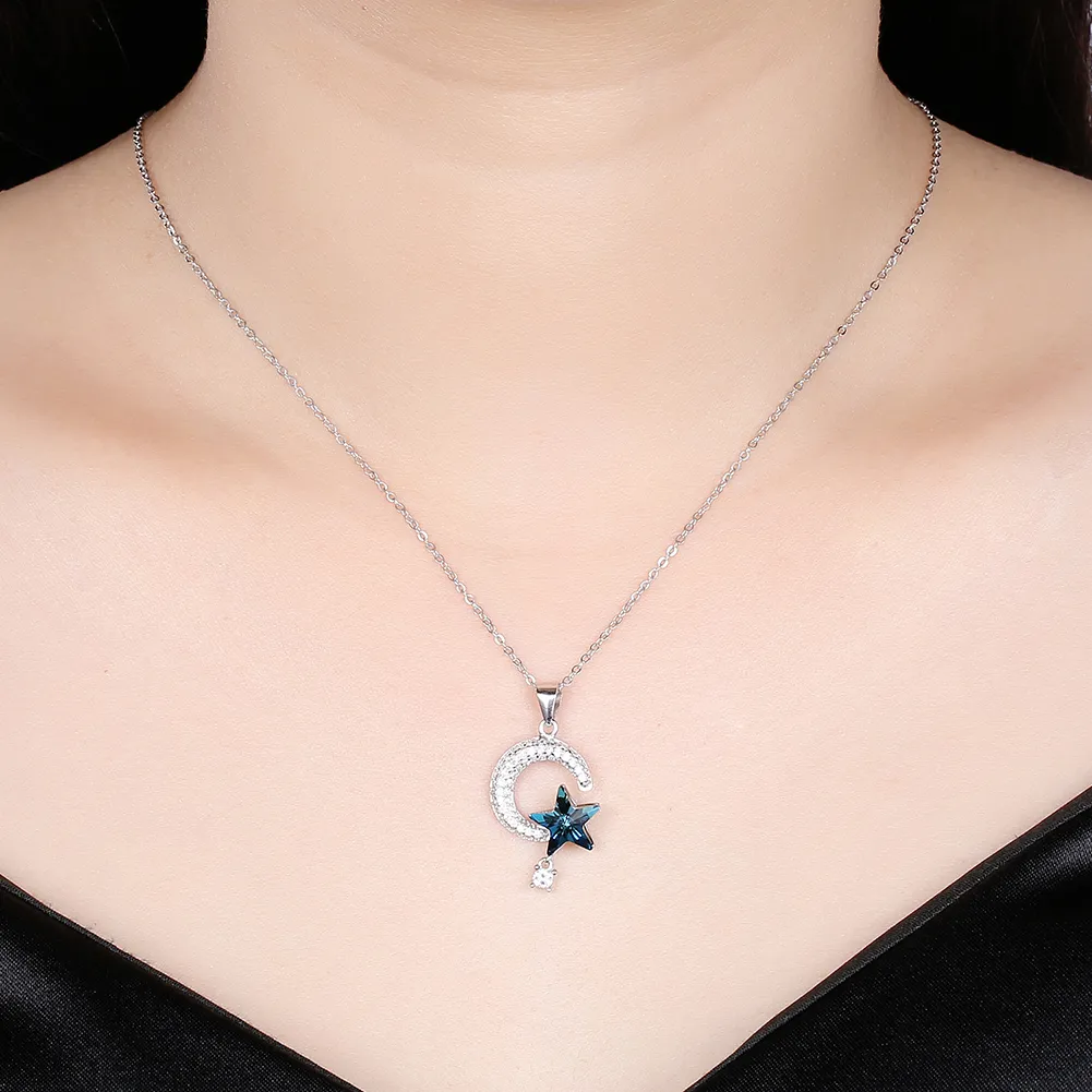 スワロフスキー要素S925 STERLING SILVER 925 BLINGBLING SHINNING STAR DIAMOND PENDANT NECKLACE WOM311Wのスタームーンネックレスクリスタル