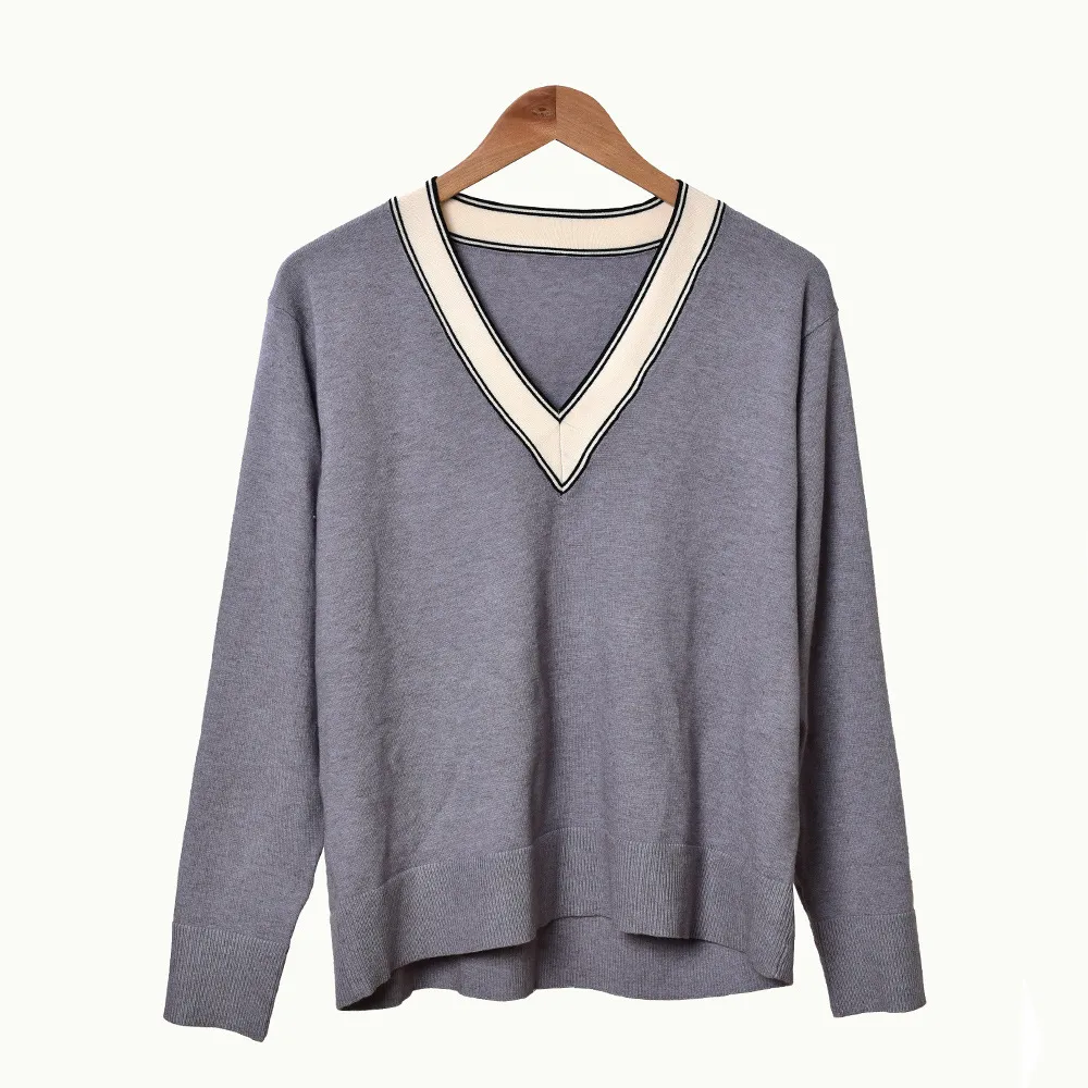 2019 automne hiver à manches longues col en V gris contraste couleur laine tricoté lambrissé pull pull femmes mode chandails D2616003