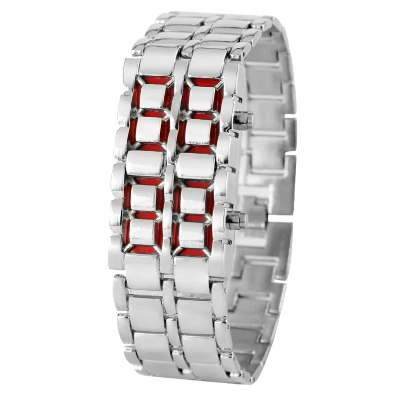 Fashion Black Silver Full Metal Digital Lava Wrist Watch Men Red Blue LED Display Men's Watches Gifts for Male Boy Sport Crea3105