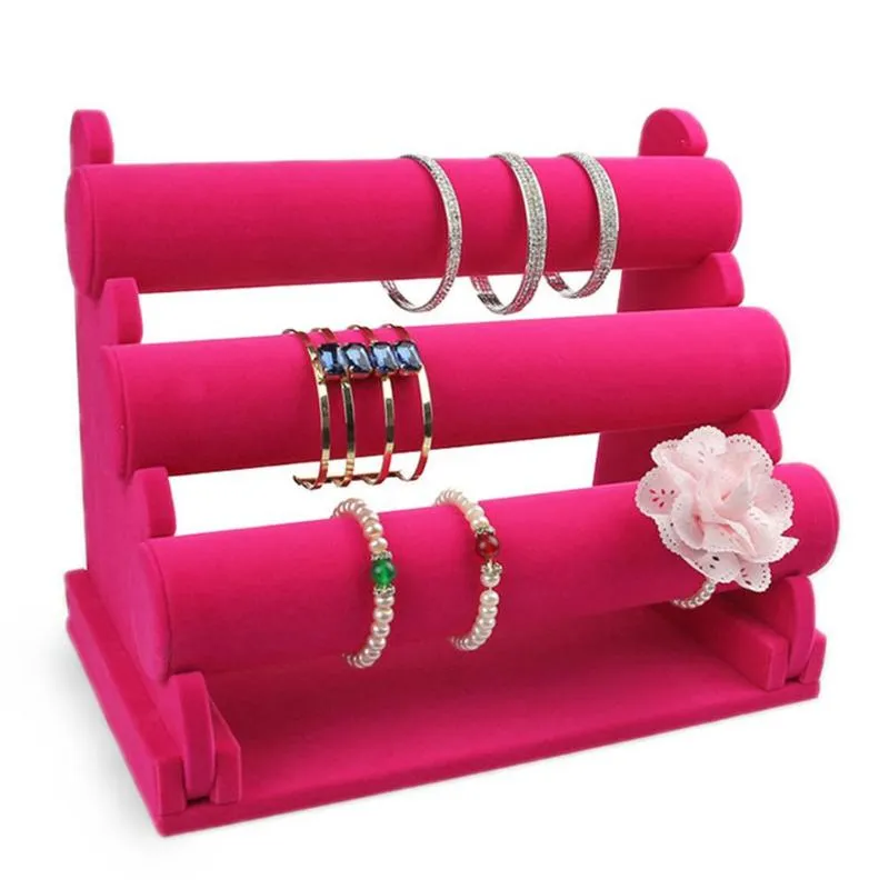 Zwart Fluwelen 3-Tier Sieraden Armband Horloge Bangle Display Houder Stand Showcase T-bar Opslag Ketting Bangle Organizer205x