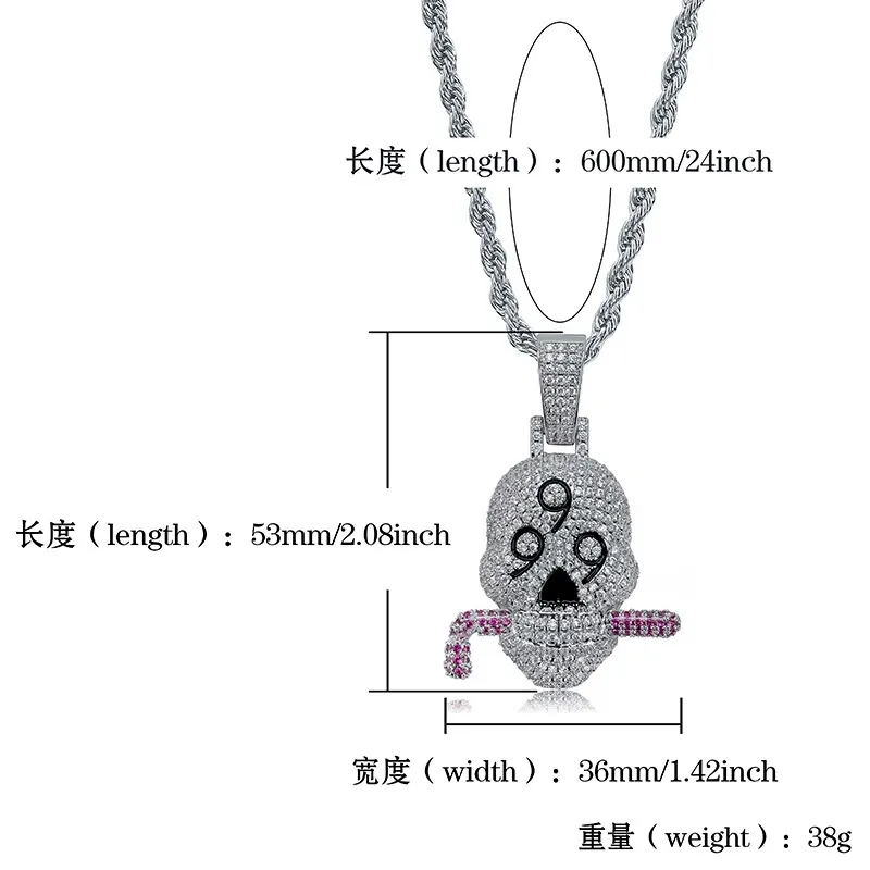 Mode 999 Colliers de pendentif diamants du crâne pour hommes pendentifs de luxe occidentaux pendentifs platine cuivre zircon chain cubain nec2432