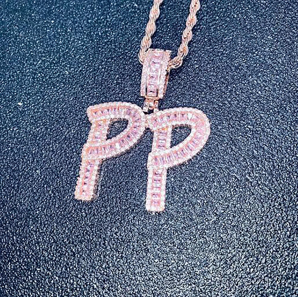 Hip Hop Custom Pink Baguette Letters Anhänger Halskette Kombination Buchstaben Name Anhänger 24 Zoll Pink Tennis Halsketten Zirkonia Jewel288z