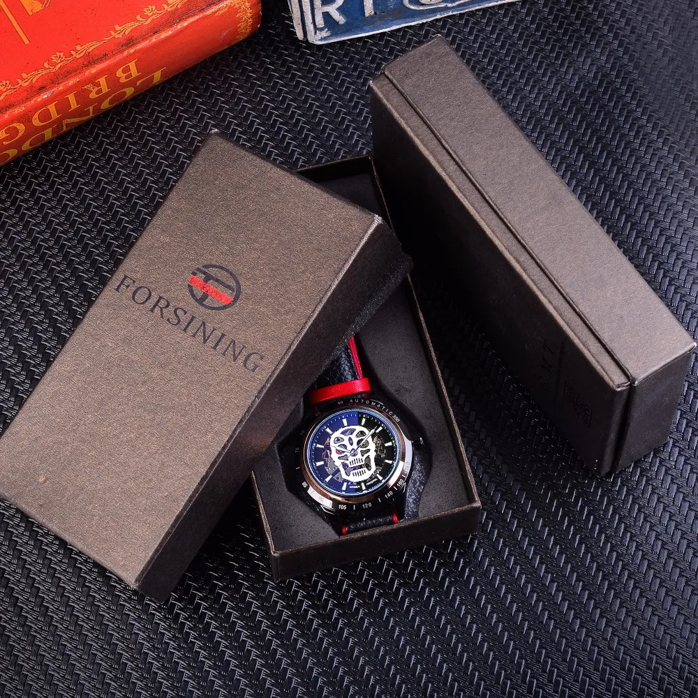 Forsining Sport horloge crâne squelette noir rouge montres hommes montres automatiques haut de gamme luxe lumineux Design eau Resista268d