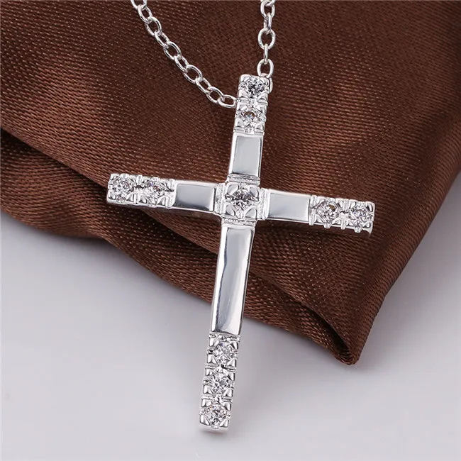 wedding Inlaid stone cross women's sterling silver plate Necklace fashion 925 silver pendant Necklace with chains GN539262J