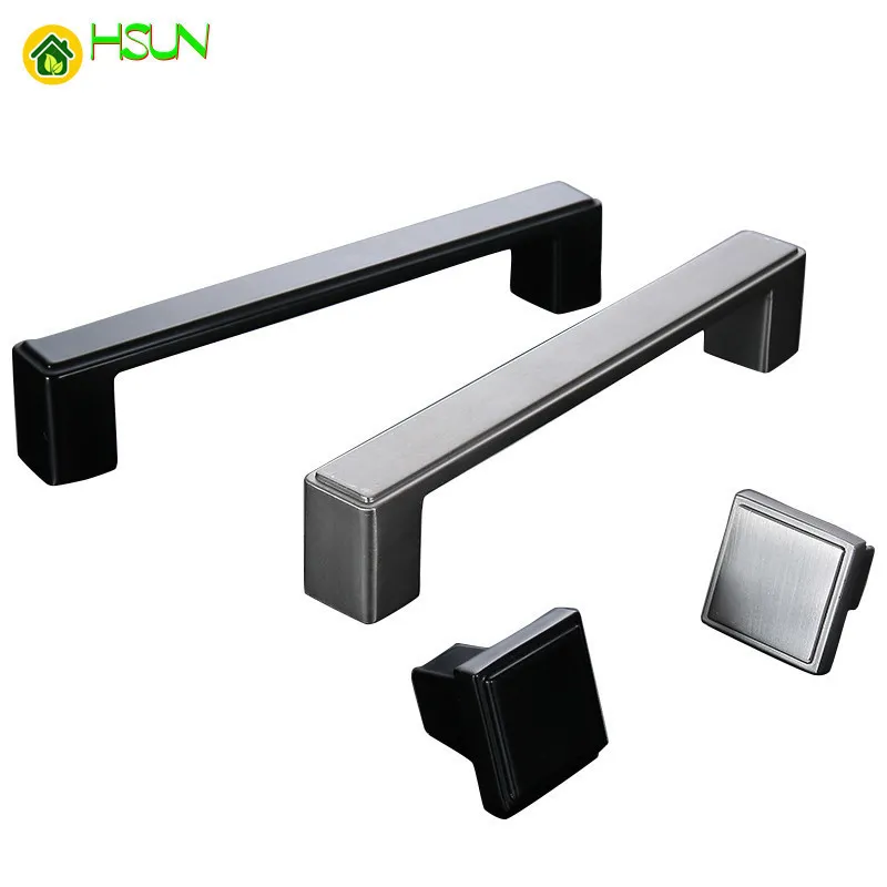 Square Black Kitchen Cabinet Handles and Knob Wardrobe Handles Concise Drawer Knobs Furniture Handle Kitchen with Screws2379