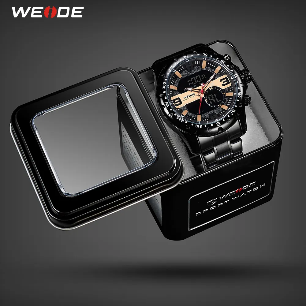 Weide Men الفاخرة الكوارتز الرقمية الرقمية التقويم الكرونوغراف الرياضي الرياضي الحزام المعدني حزام حزام المعصم Relogio Maschulino208f