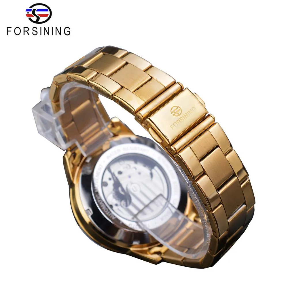 Forsining Golden Men mecánico Wallwatch 3D Dial automático Tourbillon Moonphase Full Steel Big Watches Relogio Masculino229z