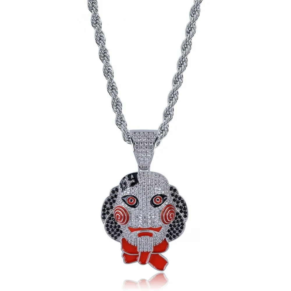 69 Saw Doll Head Mask Necklace Netlace Iced Out Zircon Zircon Hip Hop Gold Silver Men Women Charms chain Jowldry25U