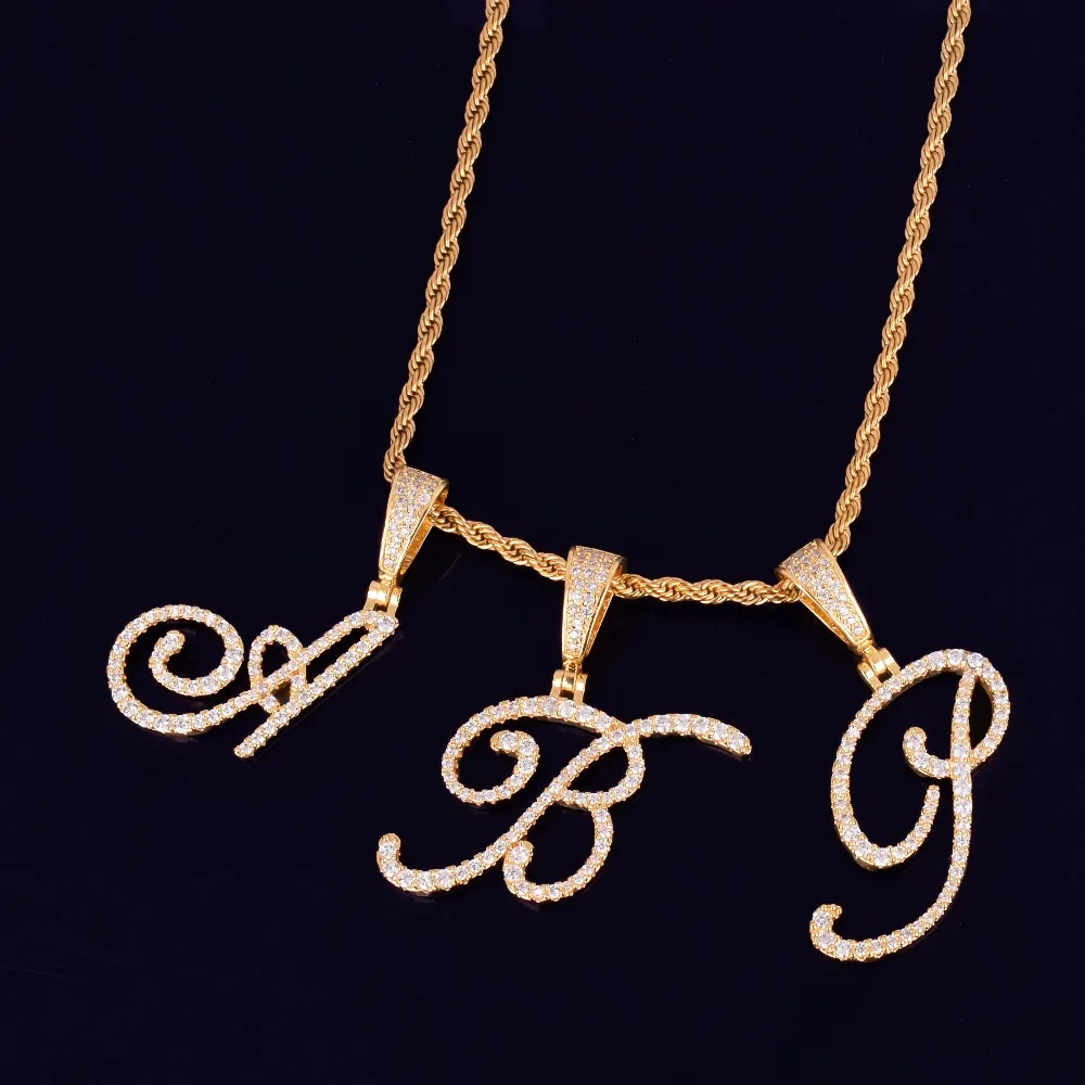 Nieuwe Iced Out A-Z Enkele Cursieve Letter Hanger Ketting Met 24 inch Touw Ketting Hip Hop Jewelry246a