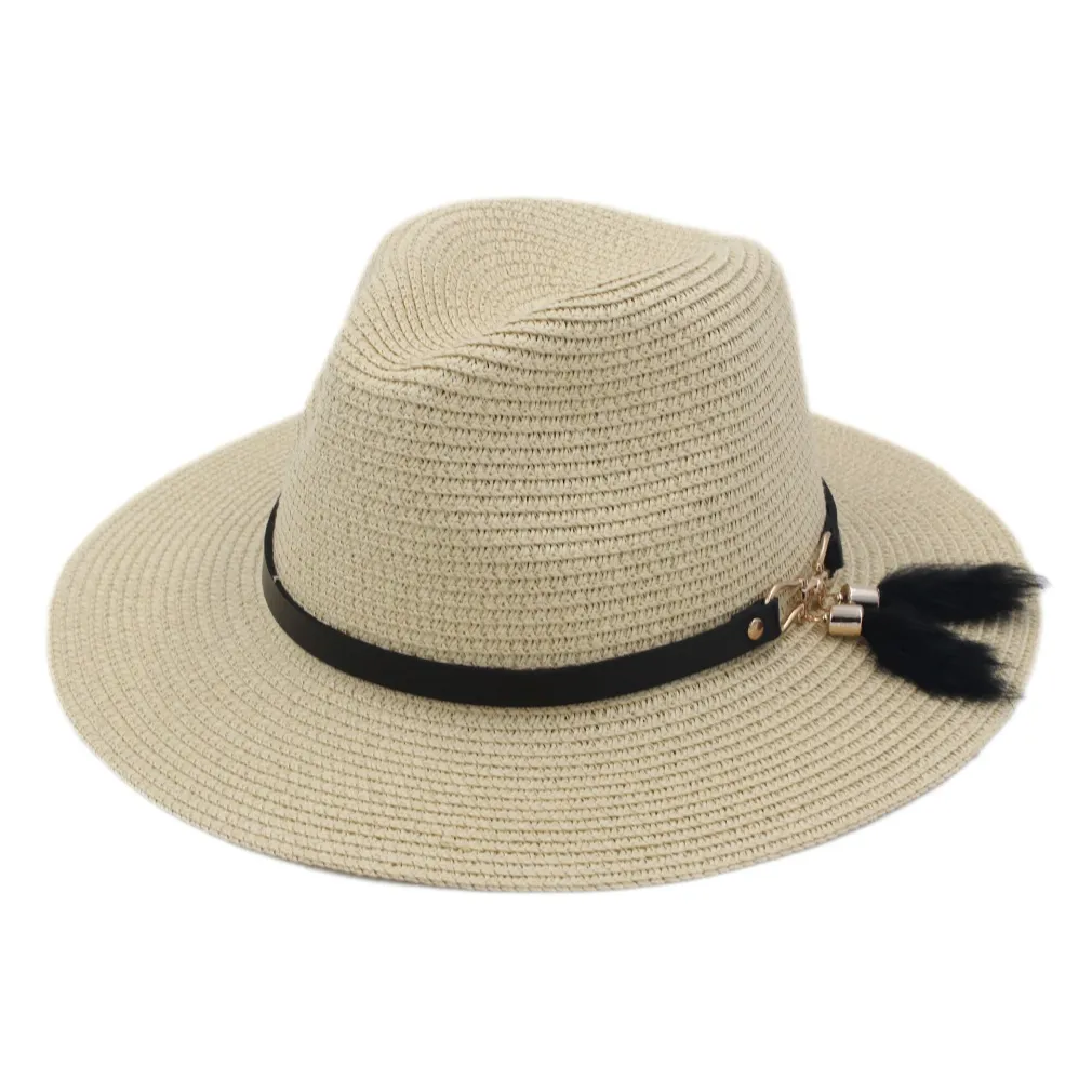 Chapeau de paille en plastique unisexe printemps été fête rue plage en plein air chapeau de soleil large casquette à bord souple Panama amant haut chapeau avec ceinture B240r