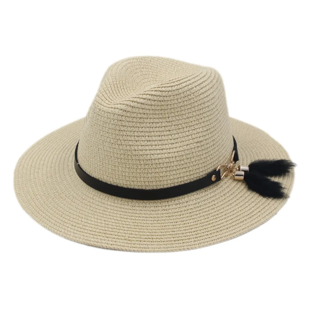 Chapeau de paja de plástico Unisex Primavera Verano Fiesta Calle Playa al aire libre Sombrero para el sol Gorra de ala ancha y flexible Amante de Panamá Sombrero de copa con cinturón B7427065