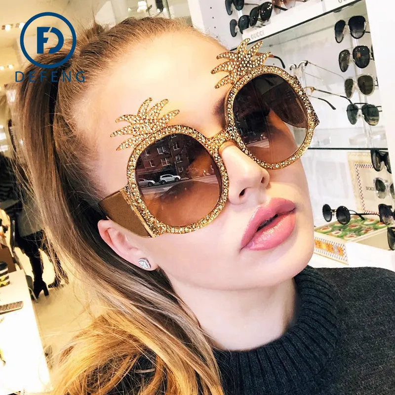 Lunettes de décoration en cristal de style d'été avec strass brillants, lunettes de soleil à monture d'ananas pour femmes, lunettes de soleil anti-uv Fashion261G